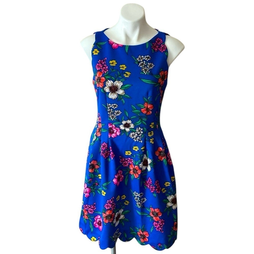 Vince Camino Blue Floral Sleeveless A-line Knee Length Scalloped Dress Size 8